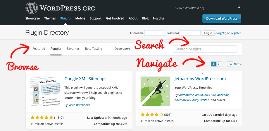 Using WordPress.org plugins page to locate plugins