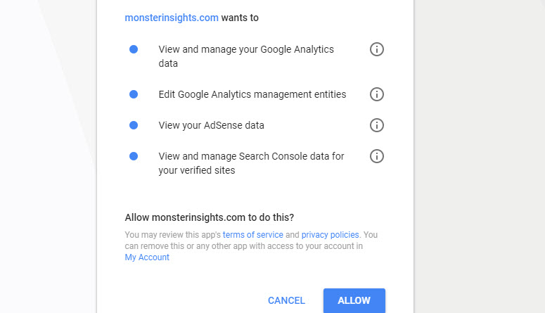 allow monsterinsights to manage analytics