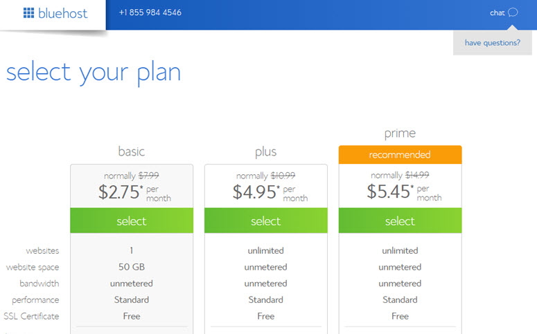 select a bluehost plan to start a blog