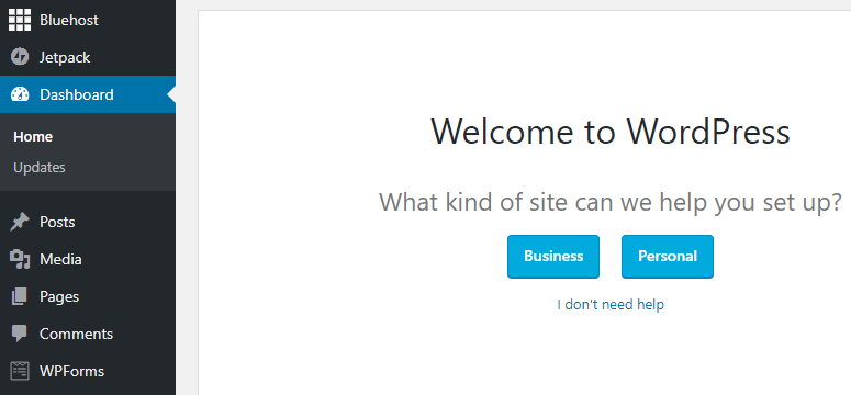 wordpress welcome message on bluehost