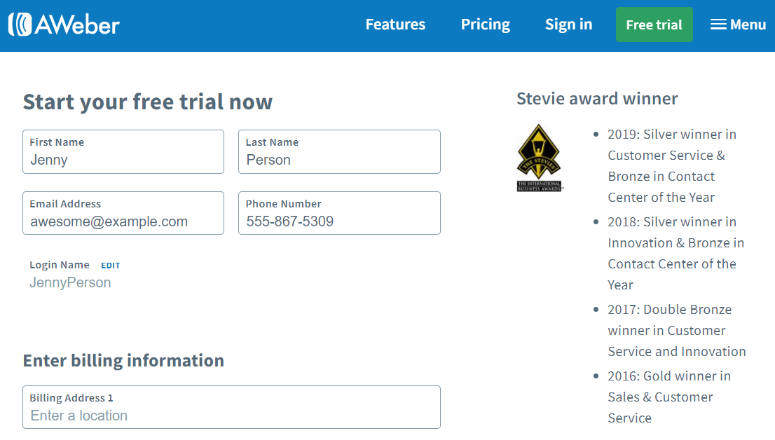 AWeber trial signup